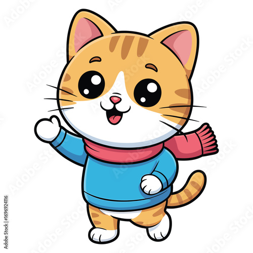 A delightful cartoon illustration of a tabby cat wearing a blue sweater and a pink scarf, waving its paw cheerfully