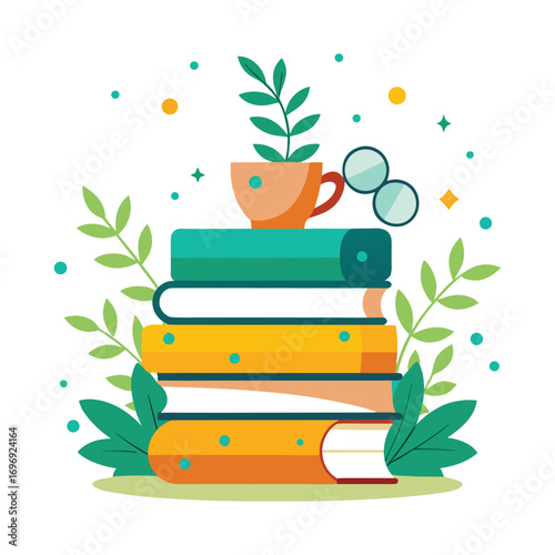 Cozy stack of colorful books with a steaming cup of tea and reading glasses surrounded by lush green leaves and gentle dots