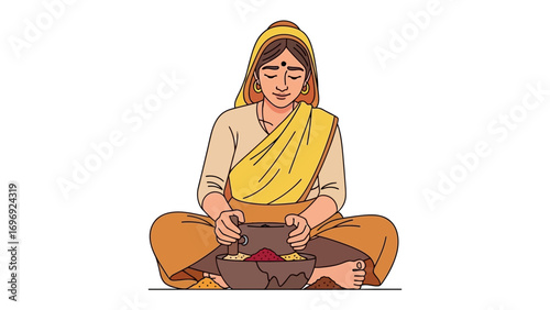 Traditional Artisan: A serene artisan, immersed in her craft, gracefully seated and skillfully preparing vibrant pigments in a meticulously rendered illustration.