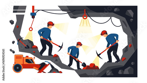 Mining Operations: Illustration of workers in action with pickaxes and machinery, involved in resource extraction within the earth.