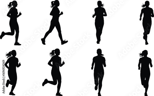 Vector silhouettes of female runners jogging and running, fitness exercise, healthy lifestyle, outdoor sports, athletic woman, movement, energy, health concept.