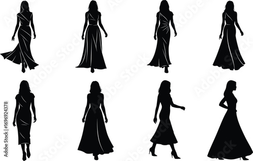 Vector silhouettes of elegant women wearing various long dresses, walking poses, fashion models, style, grace, beauty, and runway concept.