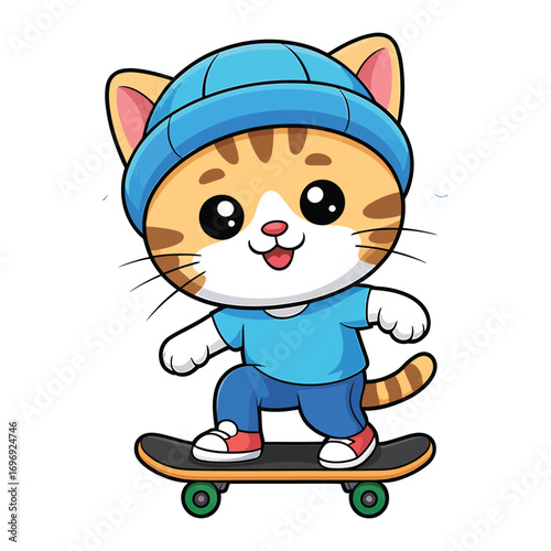Cute cartoon cat with orange stripes riding a skateboard and wearing a blue hat the cat is smiling and sticking its tongue out