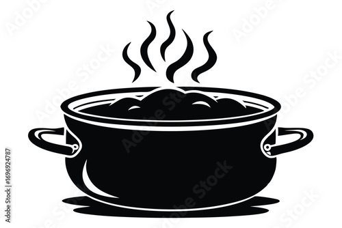 Silhouette Image Steaming Pot Filled with Food, Vector Illustration of Cooking Process, Meal Preparation