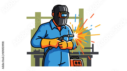 Welder at Work: A skilled welder, donned in protective gear, focuses on the task at hand, sparks flying as precision meets craftsmanship in this captivating illustration.