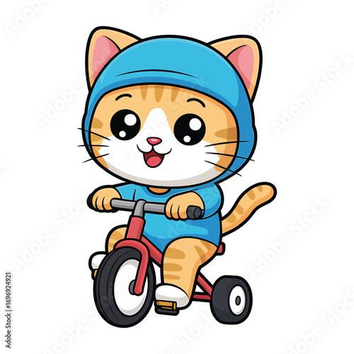 Cute orange cat riding a red tricycle wearing a blue hoodie adorable cartoon kitten on a bike