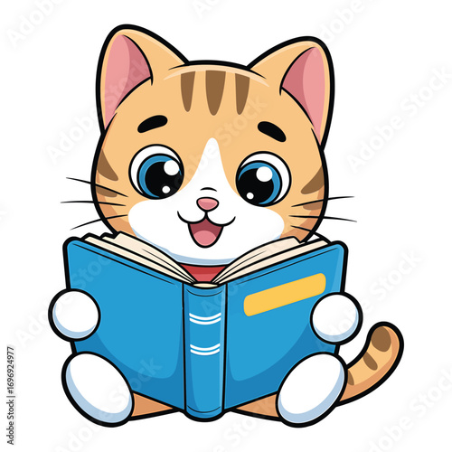 A cute cartoon cat with orange stripes is reading a blue book, sitting and smiling