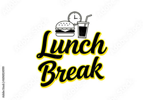 Lunch break logo with burger, soda, and clock isolated on transparent background