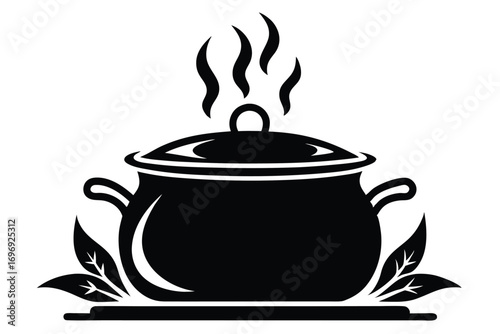 Boiling pot illustration with lid, handles, steam, and leafy garnish on tray silhouette