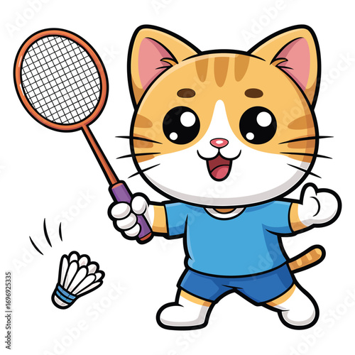 Cute cat playing badminton adorable kitten cartoon character holding racket funny pet animal athlete illustration