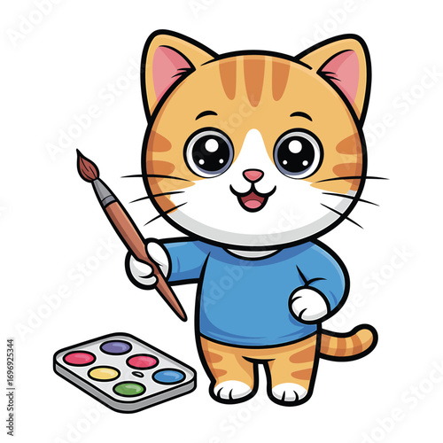 Cute cartoon cat artist with a paintbrush and palette adorable ginger kitten painter in a blue shirt ready to create a masterpiece