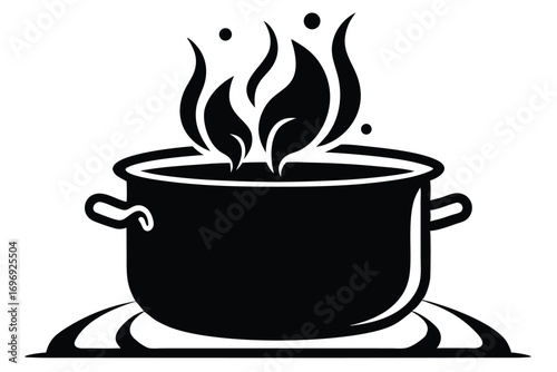 Black Pot with Vapor Illustration Kitchenware on Stove Simmering and Ready to Serve