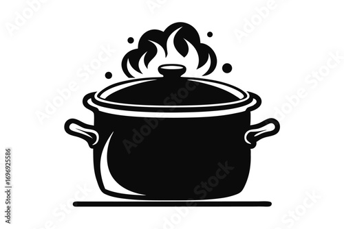 Black and White Illustration of a Pot with Steam Coming From the Lid