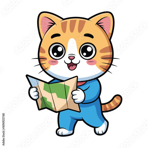 A charming cat explorer holds a map, ready for adventure, this curious feline is eager to discover new places and embark on a journey