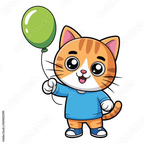 Cute cat holding a green balloon adorable cartoon kitten with a happy expression wearing a blue shirt and celebrating a party