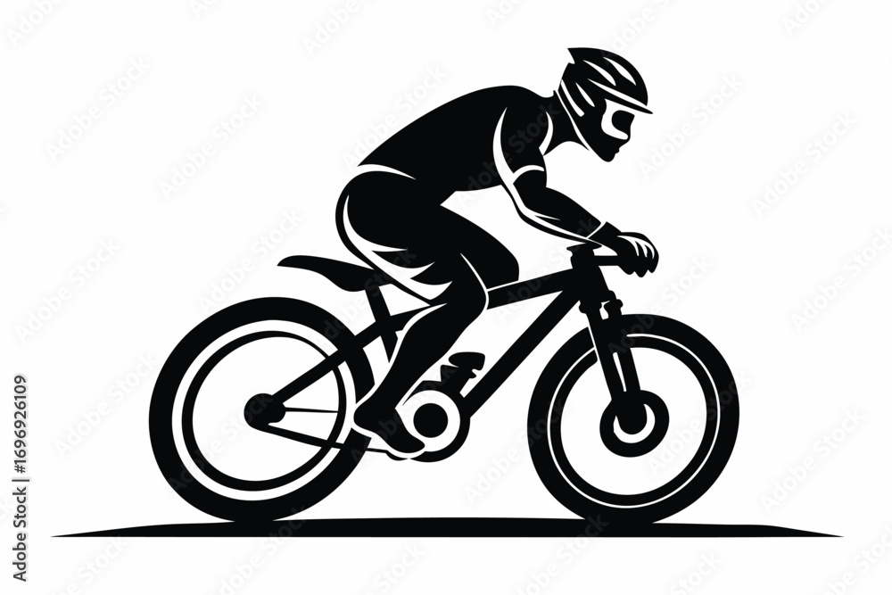 Fototapeta premium Silhouette of Cyclist Riding a Mountain Bike, Wearing Helmet and Protective Gear, Sport