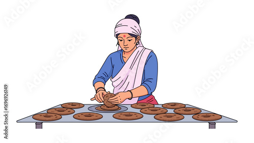 Artisan Crafting Doughnuts: A skilled artisan, adorned in traditional attire, meticulously arranges freshly baked doughnuts on a display, showcasing the dedication to handcrafted artistry.