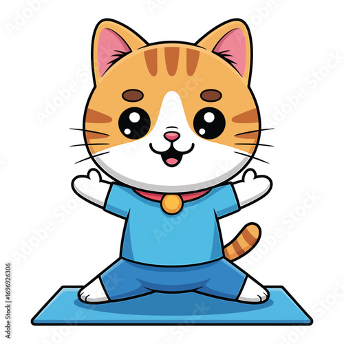 Cute cartoon cat doing yoga adorable kitten in blue sportswear practicing yoga on a mat with open arms and a happy expression