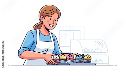 Bakery Delight: A woman, donning an apron, arranges a tray of freshly baked cupcakes, exuding warmth and embodying the heart of a classic bakery.