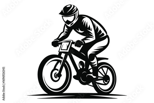 Monochrome Illustration of Mountain Biker with Helmet Riding Downhill Course on Bike