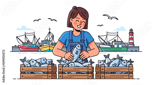 Harbor Harvest: A cheerful fisherwoman, nestled along a bustling harbor, proudly displays her fresh catch of the day, surrounded by wooden crates brimming with silvery fish.
