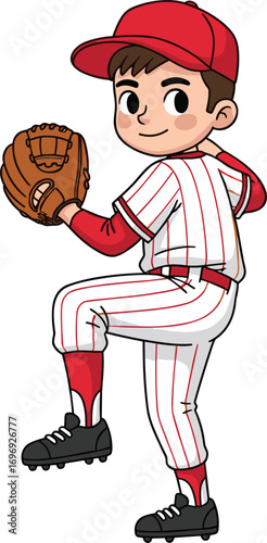 Cartoon boy in red striped baseball uniform holding glove, standing in pitching pose, cute kid athlete ready for baseball game.