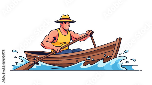 Rowing in the Lake: A strong individual navigates a wooden rowboat across a vast body of water, showcasing a serene journey filled with skill and determination.