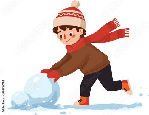 Cartoon boy in winter clothes playing with snowballs, enjoying cold weather outdoors, fun seasonal illustration for kids and winter themes.
