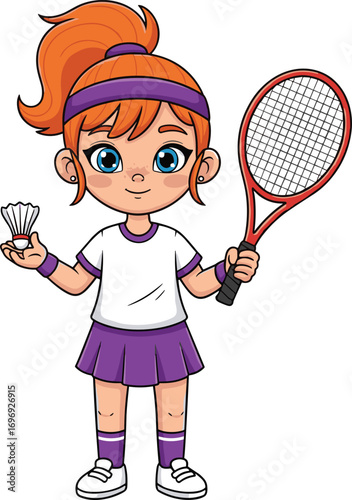 Cartoon girl holding tennis racket and shuttlecock, wearing sports outfit, smiling child athlete ready for tennis or badminton game.