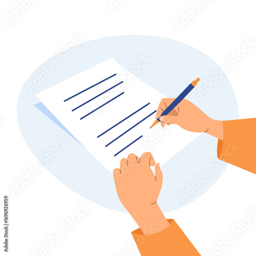 Hands hold a pen and write on paper. A person writes a letter, signs a document. The concept of an agreement, notarization of a document, signing a contract. Vector illustration in flat style.	