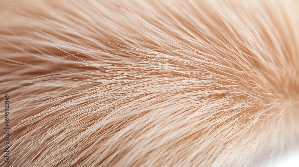 Fototapeta premium Soft beige and cream colored fur texture in macro close up showing individual strands and fibers radiating from central point. Natural organic pattern background.