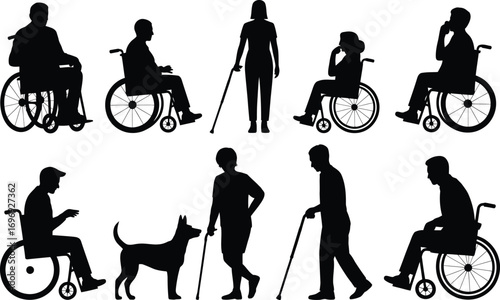 Silhouettes of people with disabilities including wheelchair users and cane walkers