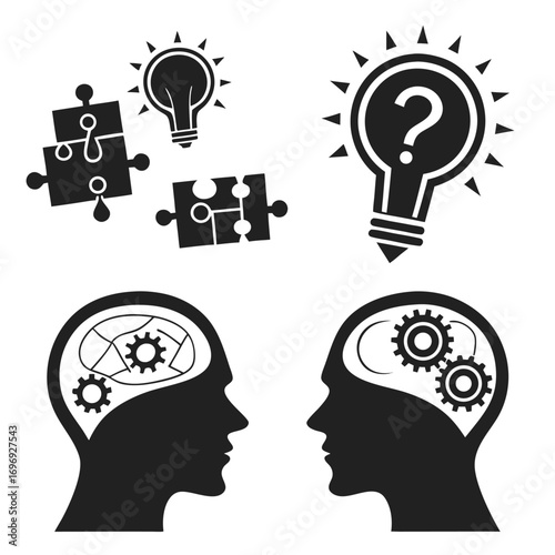 Two Human Head Silhouettes With Brain Gears Puzzle Pieces Lightbulb And Question Mark vector