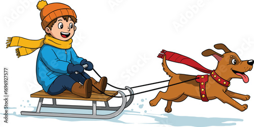 Happy child sledding with dog, winter cartoon illustration, snow fun activity, outdoor holiday adventure, warm clothes, playful seasonal scene