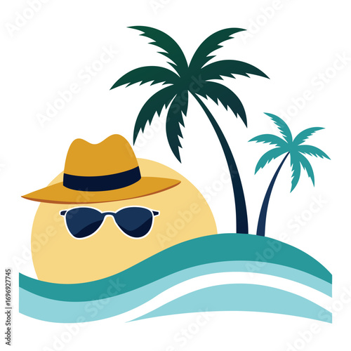 Tropical Island with Two Palm Trees Hat and Sunglasses beach