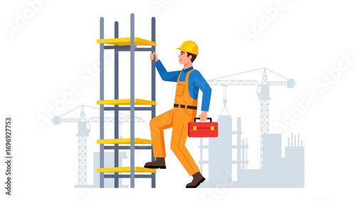 Builder's Ascend: A construction worker diligently climbs a scaffold, symbolizing progress, hard work, and the dynamic spirit of building.