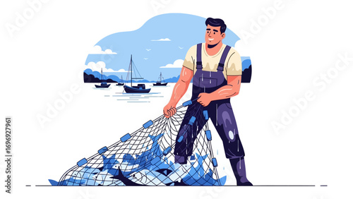 Fisherman at Work: A robust fisherman pulls in his haul, a bountiful catch from the shimmering waters, framed by a picturesque coastal scene and under a serene sky.