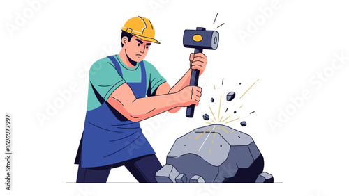 The Craftsman and Stone: A determined craftsman, clad in workwear, powerfully strikes a large stone with his hammer, creating a captivating scene of skill and labor.