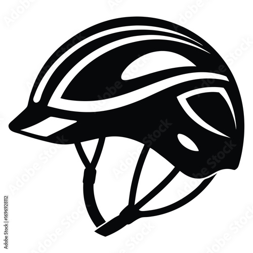 Black Silhouette of a Modern Cycling Helmet with Vents and Straps Detail