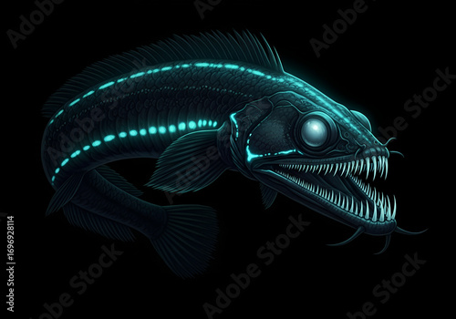 Illustration of a deep sea fish with glowing blue markings and sharp teeth on a black background