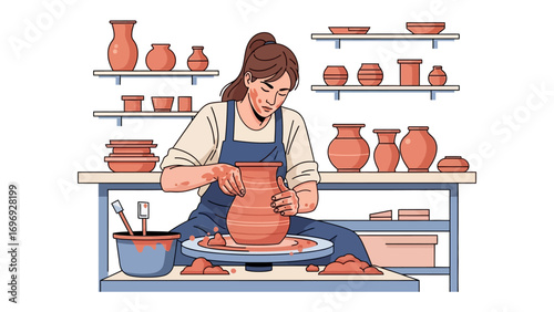 Artisan at the Wheel: A skilled artisan shapes a clay vessel on a pottery wheel in a rustic studio setting, the air alive with creative energy and traditional craftmanship.