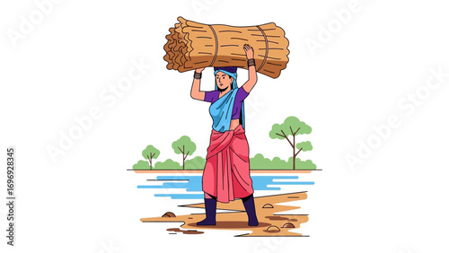 Rural Workforce Resilience: An illustration of a woman carrying a bundle of firewood, symbolizing strength and hard work.