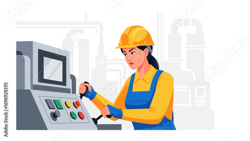 Female Engineer Controlling Machine: A determined female engineer expertly operates machinery within an industrial setting, embodying precision and skill.