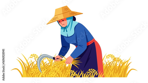 Harvesting Rice: A dedicated farmworker, adorned in traditional attire, meticulously reaps a field of golden rice with a hand sickle, embodying the age-old practice of agriculture and dedication. 