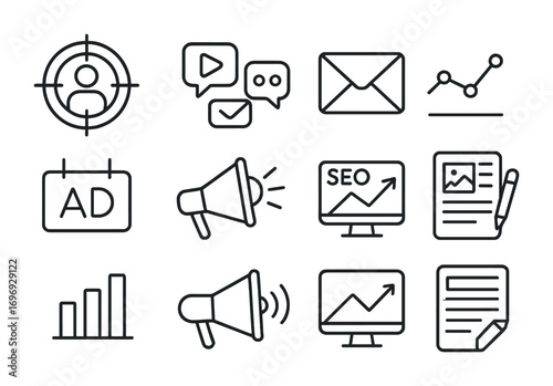 Marketing Strategy Icons. Outline icon set of marketing strategy planning: target audience, social media icons