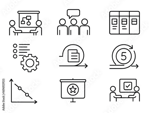 Agile Workflow Icons. Outline icon set of agile workflow: sprint planning, stand-up meeting, task board,