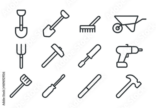 Farm Tools Outline Icons. Outline icon set of farm tools and equipment: shovel, hoe, rake, wheelbarrow,