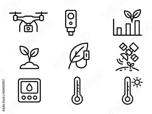 Crop Monitoring Icons. Outline icon set of crop monitoring tools: drone camera, multispectral sensor, growth