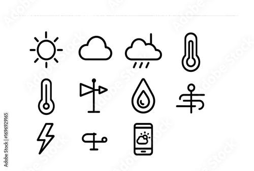 Weather Monitoring Icons. Outline icon set of weather monitoring for farming: sun, cloud, rain, thermometer,