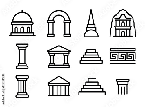 Temple Architecture Icons. Outline icon set of temple architecture: dome, archway, spire, carved facade,